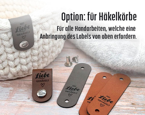 Label "Mit Liebe gehäkelt" mit Herzsymbol- verschiedene Farben - CS0002