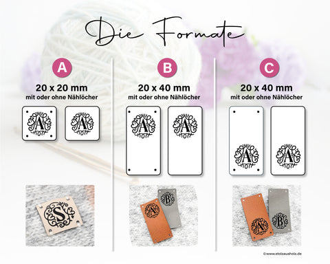 Kunstleder-Labels mit Monogramm, verschiedene Formate und Farben