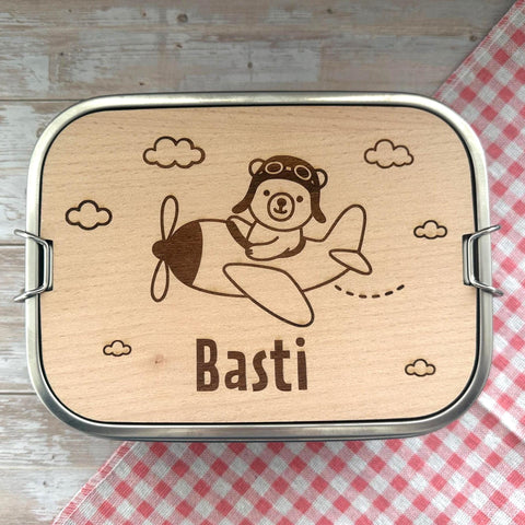 Personalisierte Brotdose Edelstahl, mit Namen, Flugzeug Bärenmotiv, wasserdicht, BPA-frei, mit Trennsteg & Schneidebrett, Geschenk Kinder