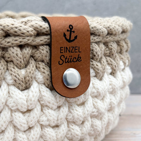 Label Set aus Kunstleder Einzelstück mit Anker Rotbraun für Häkelkörbe mit Schraube