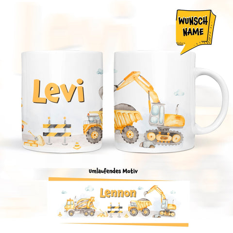 Bagger Tasse personalisiert mit Name, Keramik Tasse Kinder, Geschenk für Kinder mit Personalisierung, Baustelle Tasse, KT2001