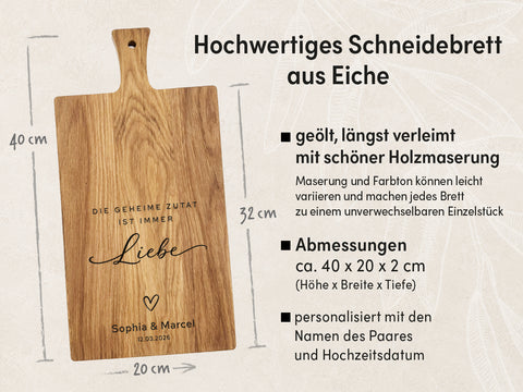 Personalisiertes Schneidebrett Eiche – Hochzeitsgeschenk mit Gravur Name & Datum – "Die geheime Zutat ist immer die Liebe"