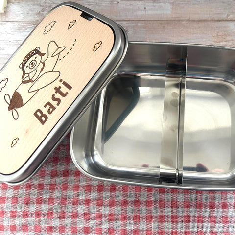 Personalisierte Brotdose Edelstahl, mit Namen, Flugzeug Bärenmotiv, wasserdicht, BPA-frei, mit Trennsteg & Schneidebrett, Geschenk Kinder