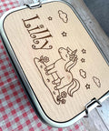 Personalisierte Brotdose Edelstahl, mit Namen, Einhorn, wasserdicht, BPA-frei, mit Trennsteg & Schneidebrett, Geschenk Kinder