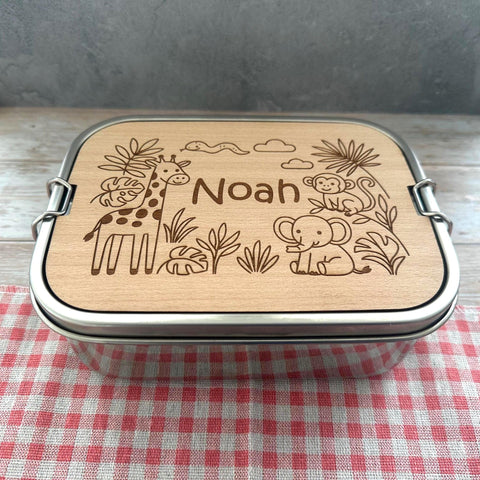 Personalisierte Brotdose Edelstahl, mit Namen, Tierwelt, wasserdicht, BPA-frei, mit Trennsteg & Schneidebrett, Geschenk Kinder