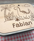 Personalisierte Brotdose Edelstahl, mit Namen, Dino, Dinosaurier, wasserdicht, BPA-frei, mit Trennsteg & Schneidebrett, Geschenk Kinder