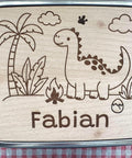 Personalisierte Brotdose Edelstahl, mit Namen, Dino, Dinosaurier, wasserdicht, BPA-frei, mit Trennsteg & Schneidebrett, Geschenk Kinder