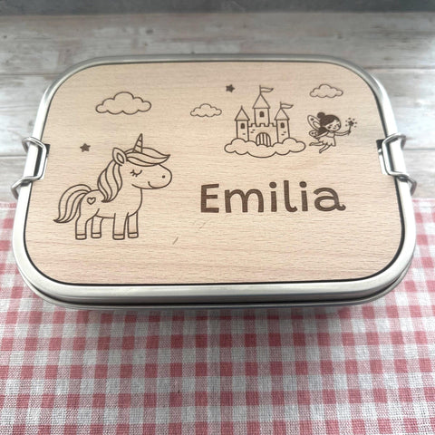 Personalisierte Brotdose Edelstahl, mit Namen,Einhorn, Schloss und Fee, wasserdicht mit Trennsteg & Schneidebrett, Geschenk Kinder