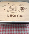 Personalisierte Brotdose Edelstahl, mit Namen, Märchen Schloss und Fee, wasserdicht mit Trennsteg & Schneidebrett, Geschenk Kinder