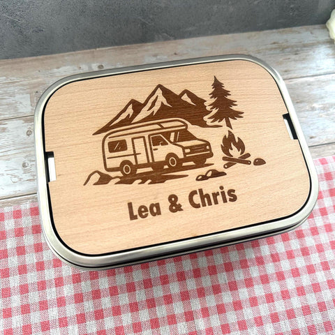 Personalisierte Brotdose Edelstahl, mit Namen, Outdoor & Campervan, wasserdicht mit Trennsteg und Schneidebrett