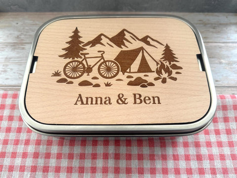 Personalisierte Brotdose Edelstahl, mit Namen, Outdoor & Camping, wasserdicht mit Trennsteg und Schneidebrett - Radfahrer