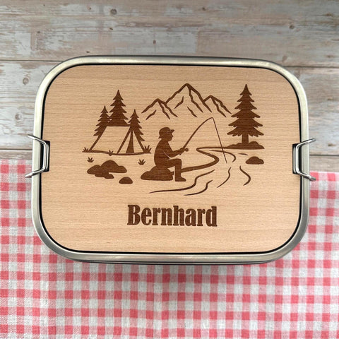 Personalisierte Brotdose Edelstahl, mit Namen, Angeln & Outdoor, wasserdicht mit Trennsteg und Schneidebrett - Angeln und Fischen
