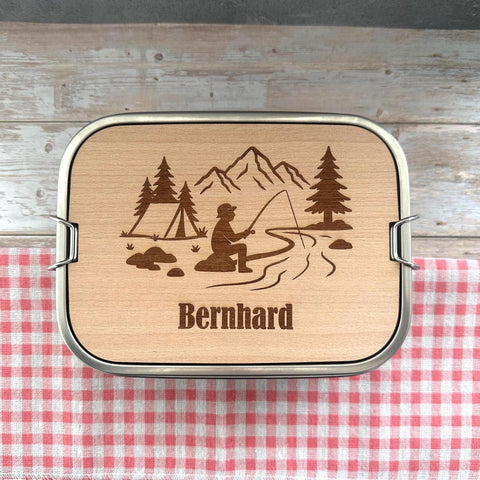 Personalisierte Brotdose Edelstahl, mit Namen, Angeln & Outdoor, wasserdicht mit Trennsteg und Schneidebrett - Angeln und Fischen