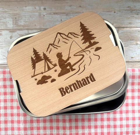 Personalisierte Brotdose Edelstahl, mit Namen, Angeln & Outdoor, wasserdicht mit Trennsteg und Schneidebrett - Angeln und Fischen