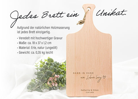 Personalisiertes Schneidebrett Erle - Hochzeitsgeschenk mit Gravur Name & Datum - Geschenkidee Brautpaar individuell