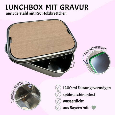 Personalisierte Brotdose Edelstahl mit Namen, Bagger Bärenmotiv, wasserdicht, BPA-frei, mit Trennsteg & Schneidebrett, Geschenk Kinder