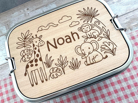 Personalisierte Brotdose Edelstahl, mit Namen, Tierwelt, wasserdicht, BPA-frei, mit Trennsteg & Schneidebrett, Geschenk Kinder