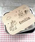 Personalisierte Brotdose Edelstahl, mit Namen,Einhorn, Schloss und Fee, wasserdicht mit Trennsteg & Schneidebrett, Geschenk Kinder