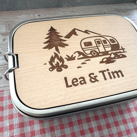 Personalisierte Brotdose Edelstahl, mit Namen, Outdoor & Camping, wasserdicht mit Trennsteg und Schneidebrett – Vanlife