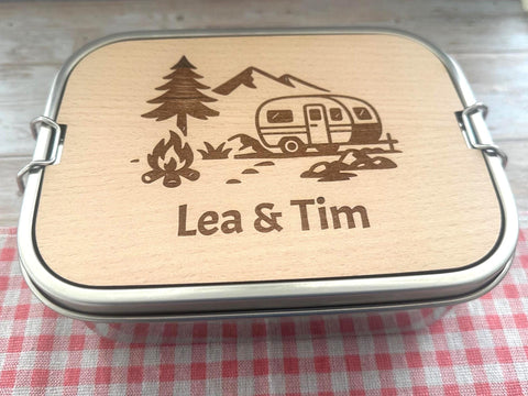 Personalisierte Brotdose Edelstahl, mit Namen, Outdoor & Camping, wasserdicht mit Trennsteg und Schneidebrett – Vanlife