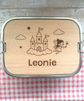 Personalisierte Brotdose Edelstahl, mit Namen, Märchen Schloss und Fee, wasserdicht mit Trennsteg & Schneidebrett, Geschenk Kinder