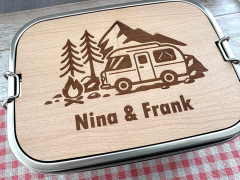 Personalisierte Brotdose Edelstahl, mit Namen, Outdoor & Camping, wasserdicht mit Trennsteg und Schneidebrett