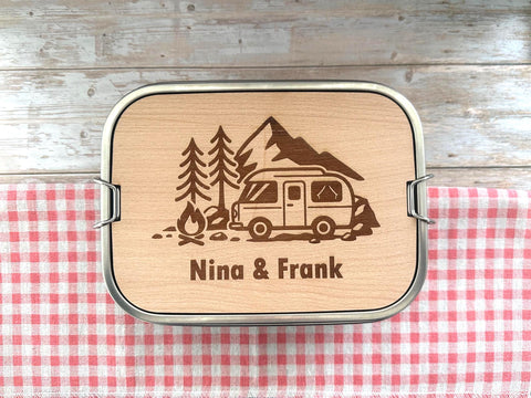Personalisierte Brotdose Edelstahl, mit Namen, Outdoor & Camping, wasserdicht mit Trennsteg und Schneidebrett