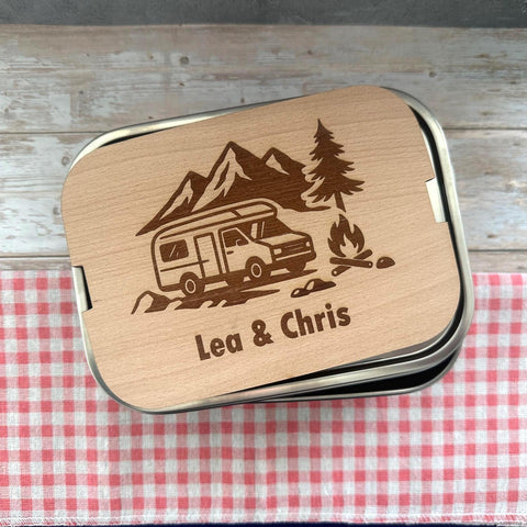 Personalisierte Brotdose Edelstahl, mit Namen, Outdoor & Campervan, wasserdicht mit Trennsteg und Schneidebrett