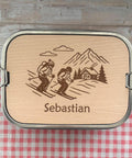 Personalisierte Brotdose Edelstahl, mit Namen, Outdoor & Skifahren, wasserdicht mit Trennsteg und Schneidebrett - Skifahrer