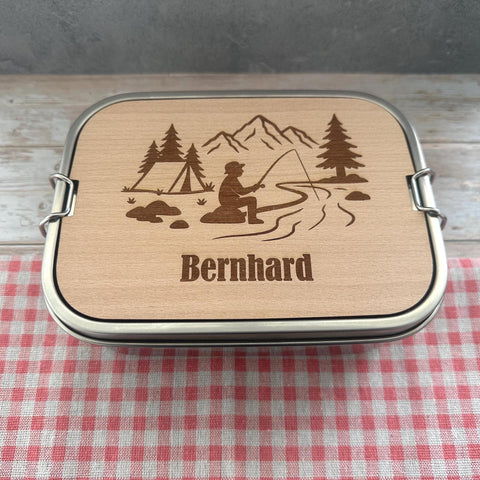 Personalisierte Brotdose Edelstahl, mit Namen, Angeln & Outdoor, wasserdicht mit Trennsteg und Schneidebrett - Angeln und Fischen