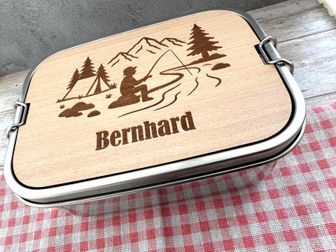 Personalisierte Brotdose Edelstahl, mit Namen, Angeln & Outdoor, wasserdicht mit Trennsteg und Schneidebrett - Angeln und Fischen