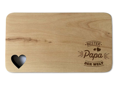 Frühstücksbrettchen mit dem Motiv Bester Papa der Welt und Herzausschnitt - Frühstücksbrett 22 x 12 cm - Stolz aus Holz