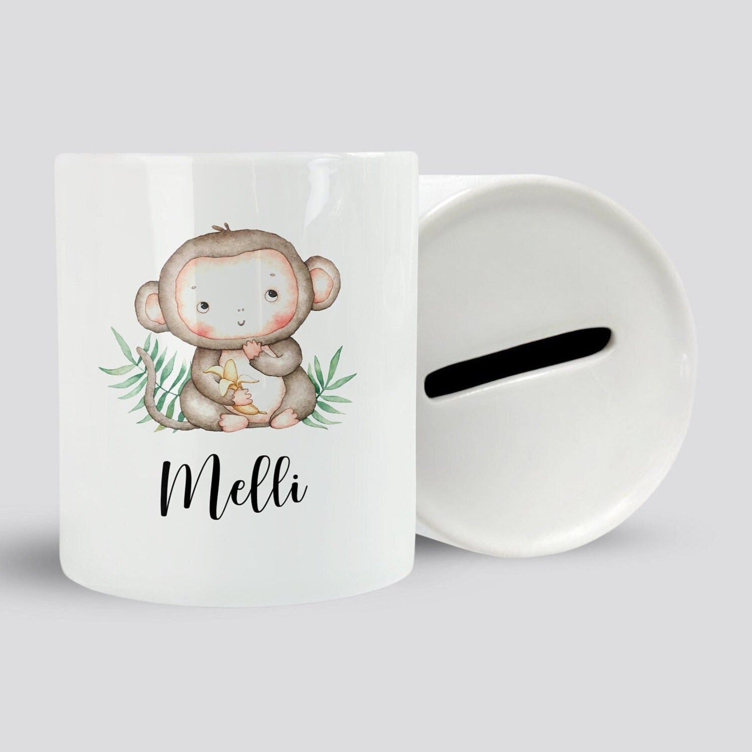 Personalisiertes Geschenk – Affen-Spardose Mit Waving-Affe-Design, Gravur Mit Name/Nachricht, Ca. 9,5 Cm Hoch, Weiß