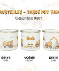 Emaille Tasse personalisiert mit Name, Tasse Bagger, Geschenk für Kinder mit Personalisierung, Baustelle Tasse,